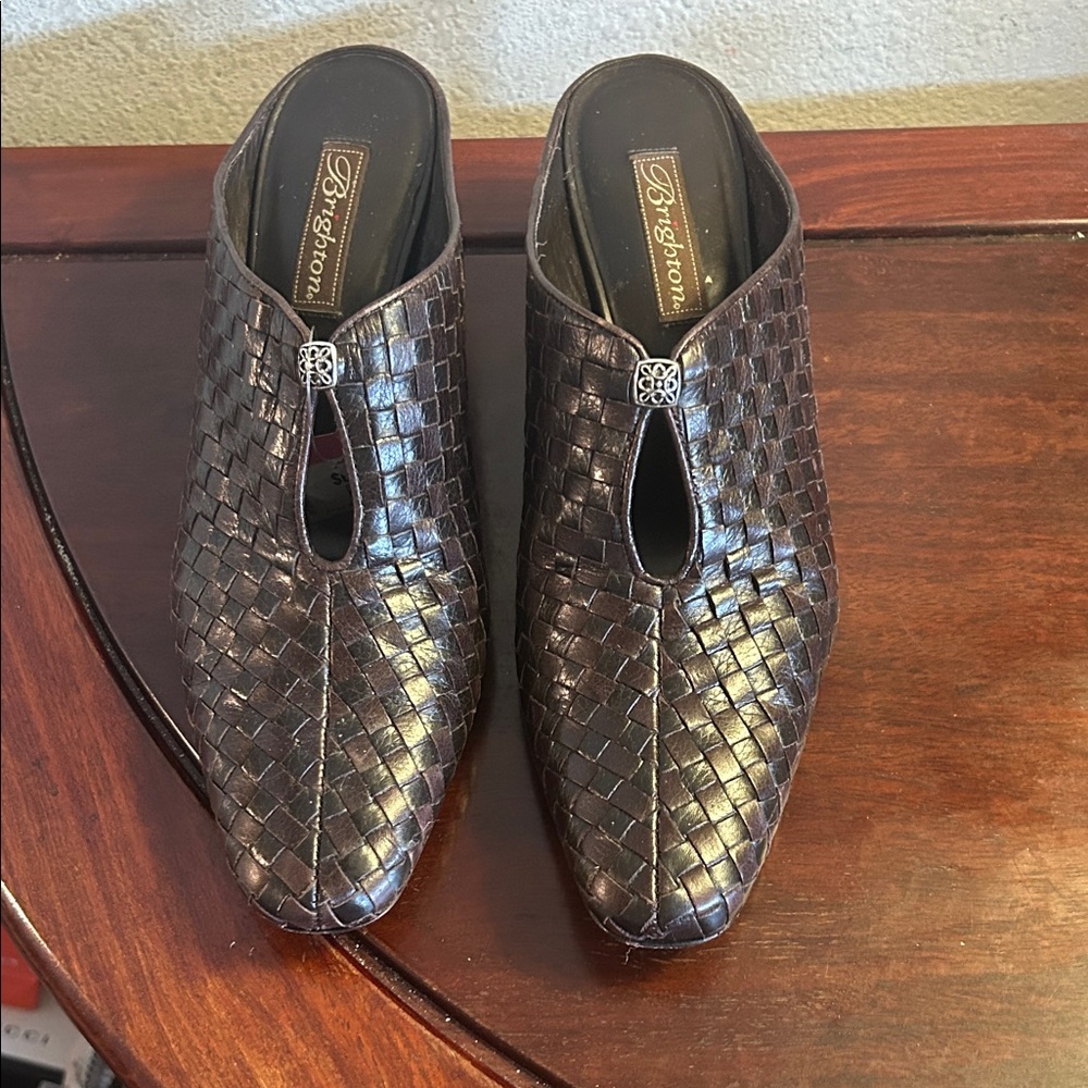 Brighton Ladies Dark Brown Woven Leather Slip-On Clogs Size 11